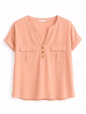 Mine peach Short Sleeve Blouse Top with Chest Pockets Size M